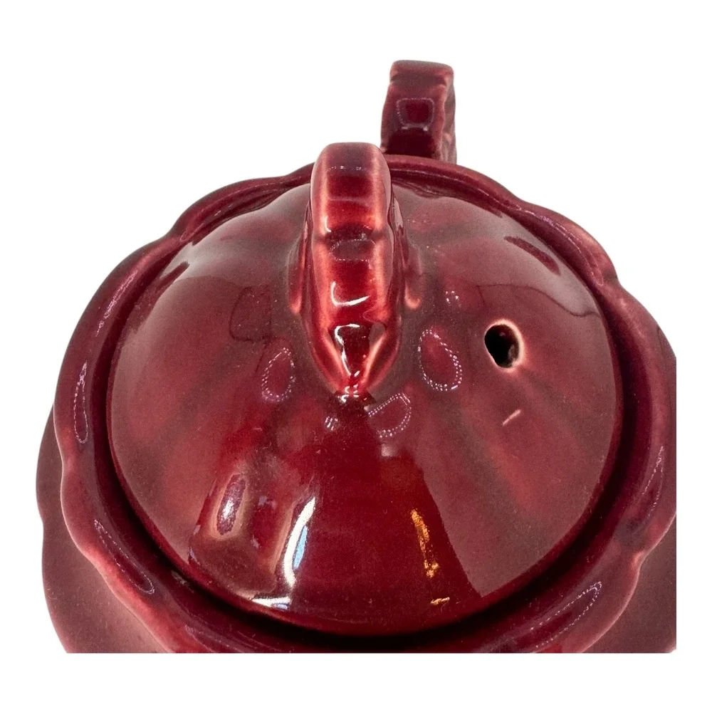 Vintage Shawnee  Burgundy‎ Red Ceramic Teapot 1940s Rosette Handle Finial Top 6